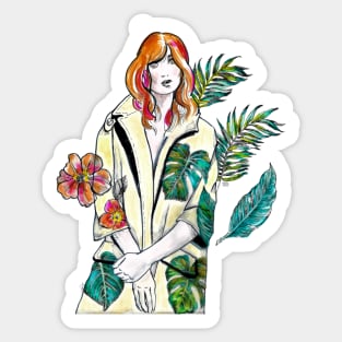 Woman with Red hair in a yellow floral coat - Fashion Illustration. Sticker